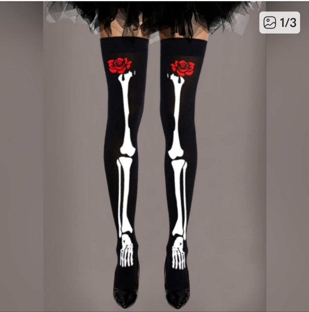 NWOT Skeleton Bone Rose Over Knee Stockings